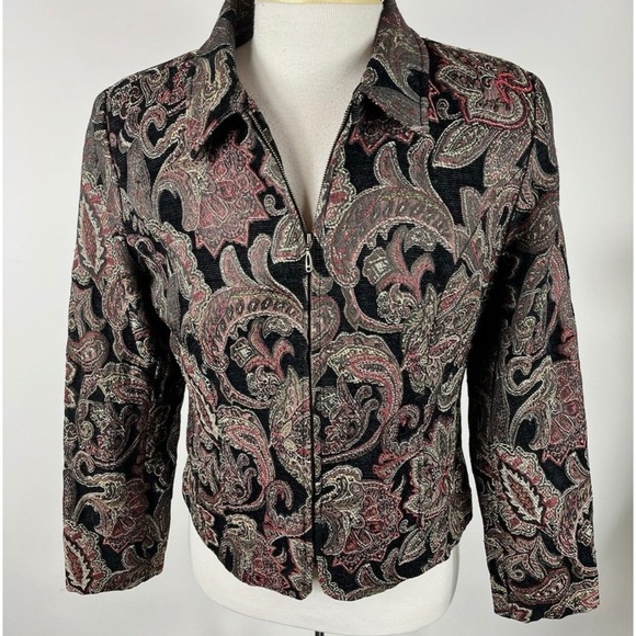 Christopher & Banks Paisley Brocade Jacket Women's Size Large Black Red Zip Up - Picture 1 of 7